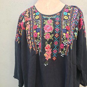 Johnny Was Semi Sheer Top Blouse Navy Blue Embroidered Sz M